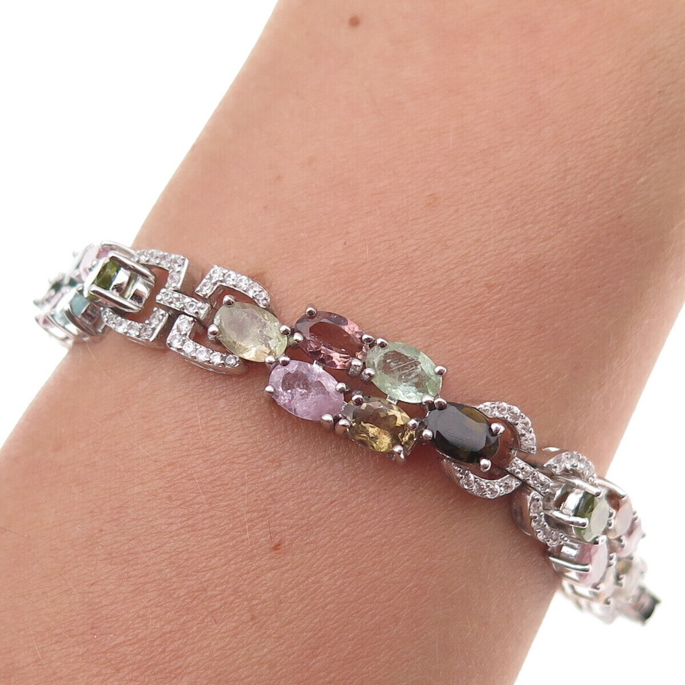 925 Sterling Silver Real Multi-Color Tourmaline & White Topaz Bracelet 7.25"